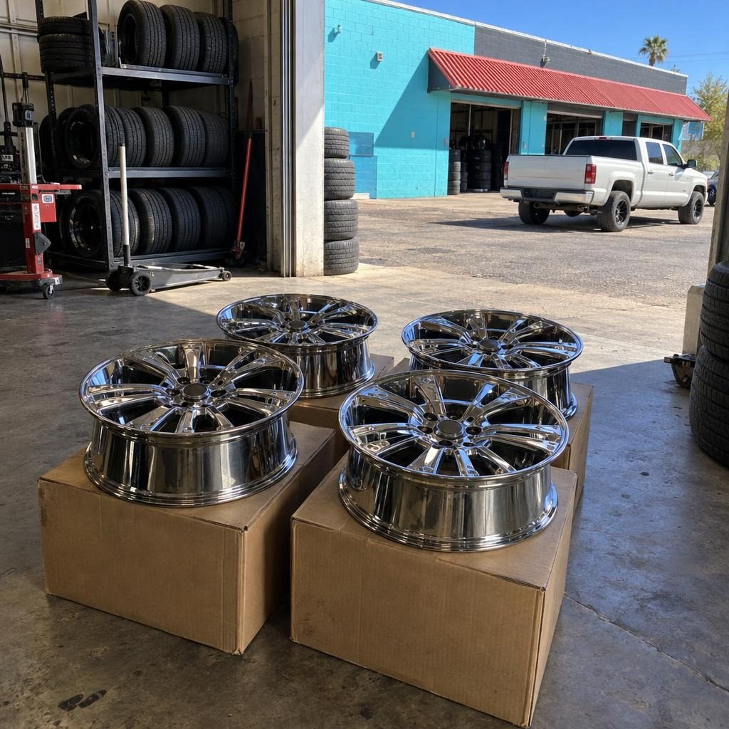 New chrome wheels on their boxes at the bay door