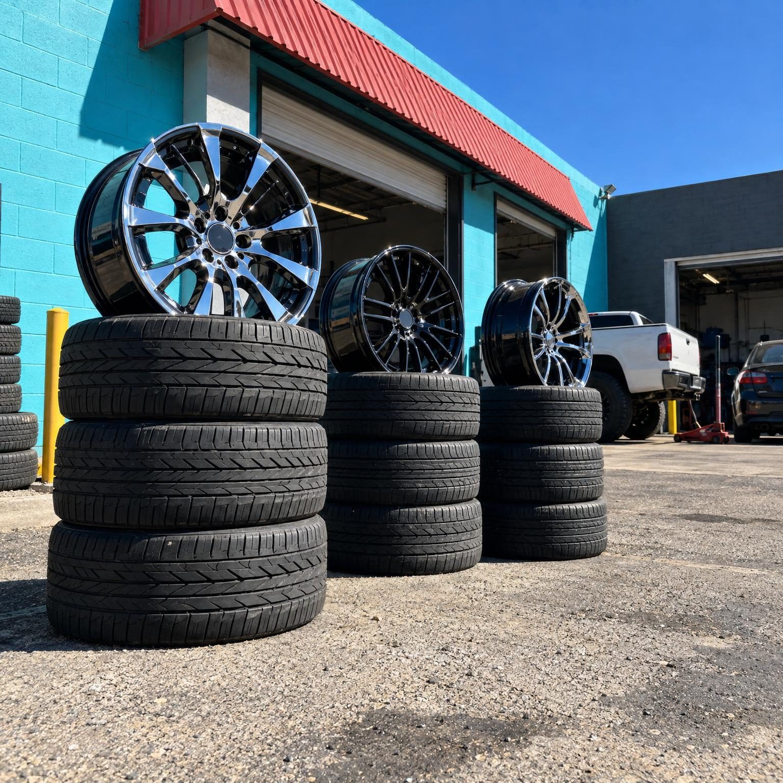 Custom wheels on towers of new tires by the turquoise wall