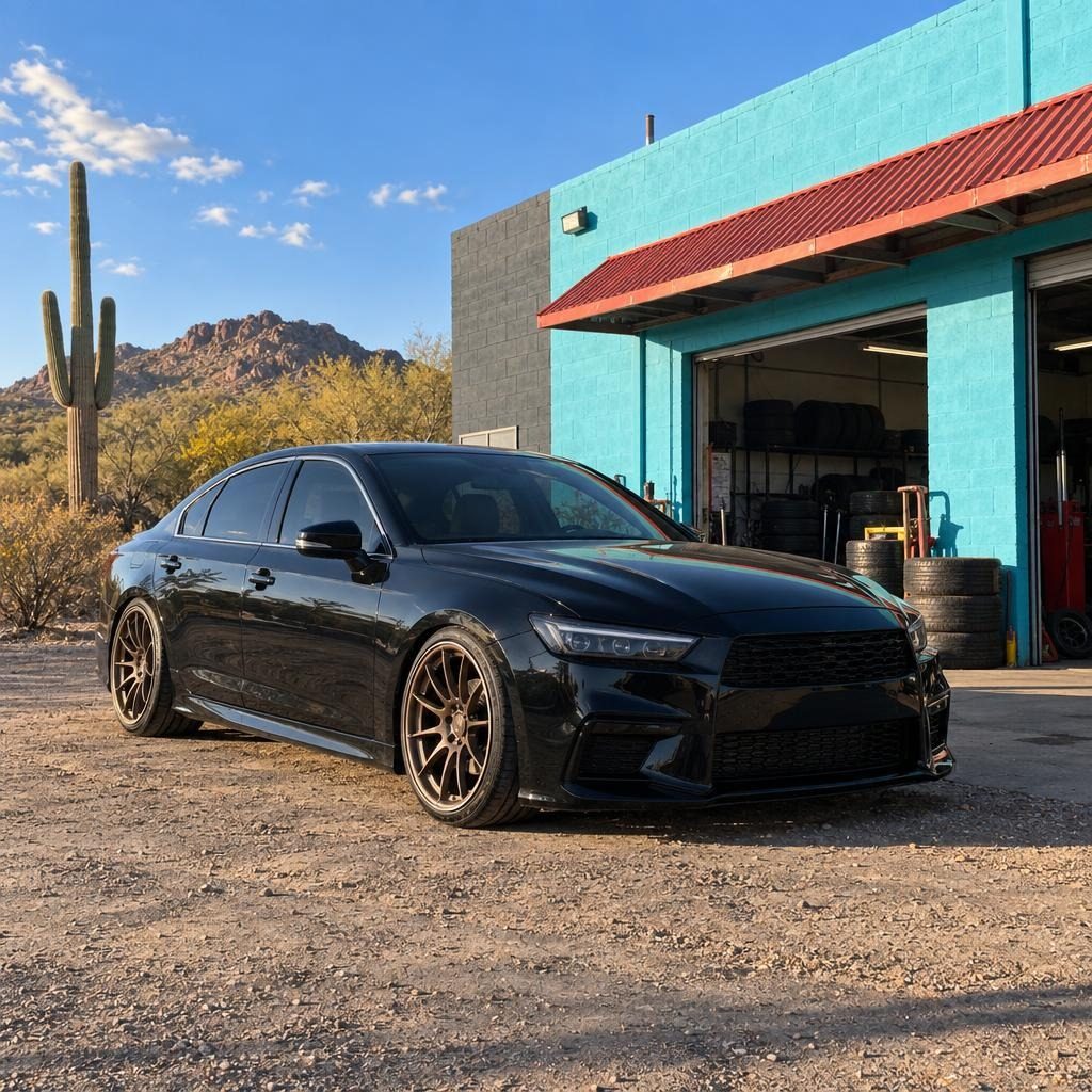 Black sedan on new bronze wheels on the lot, a saguaro behind