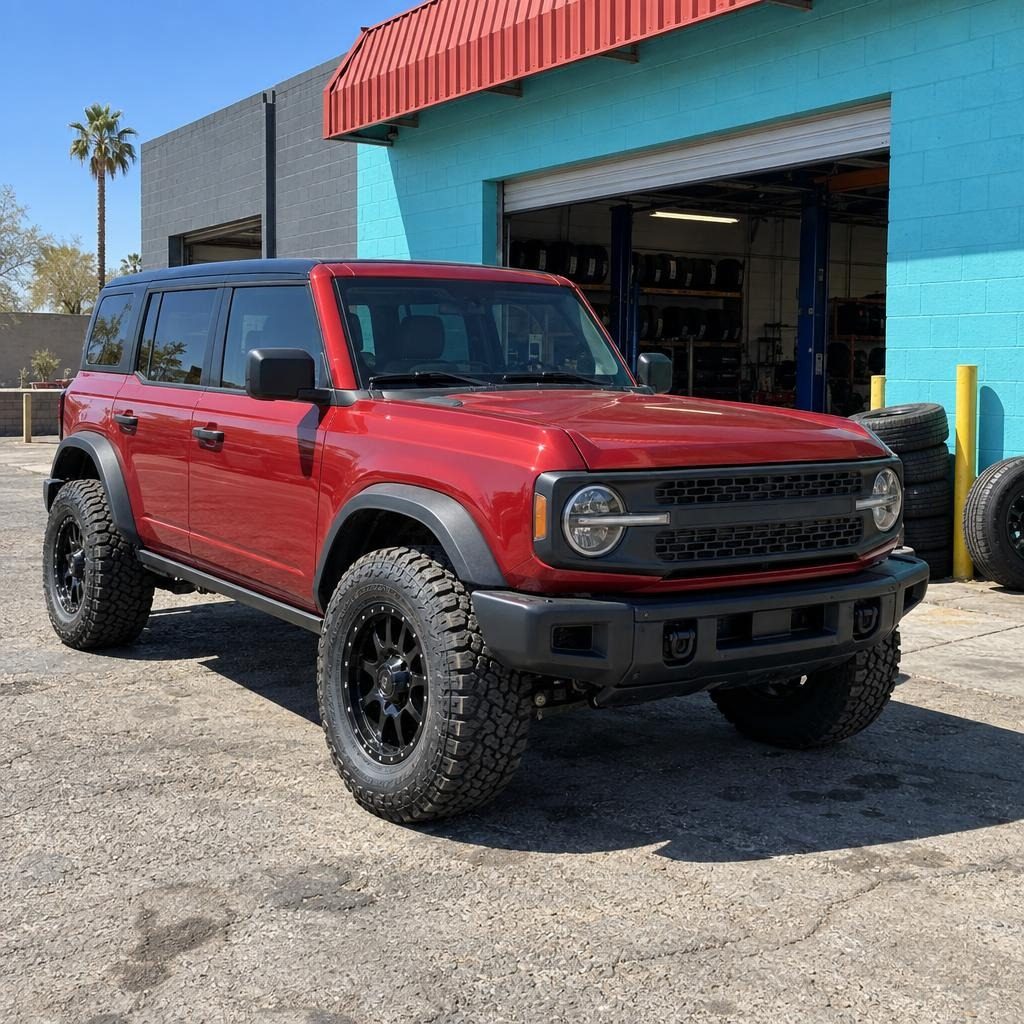 Red off-road SUV in front of the shop bays