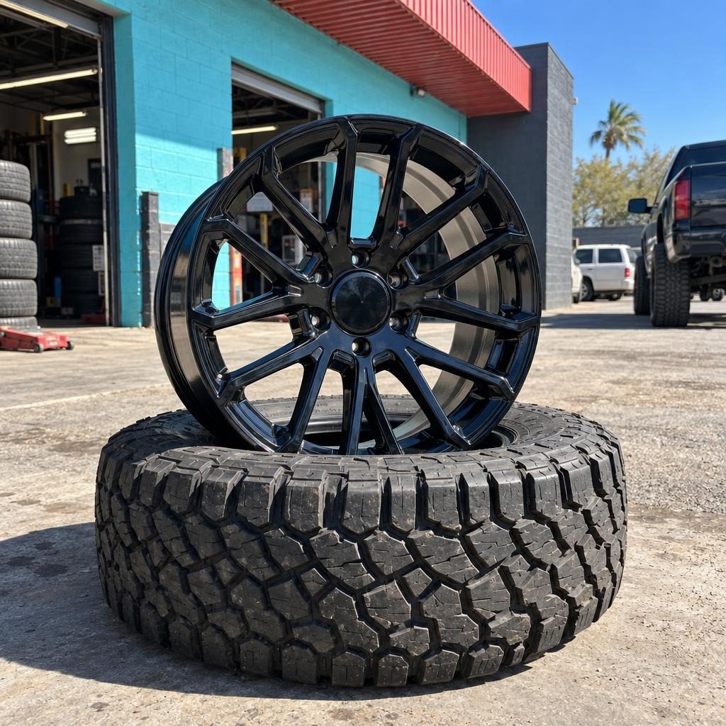 Machined custom wheel standing on an off-road tire