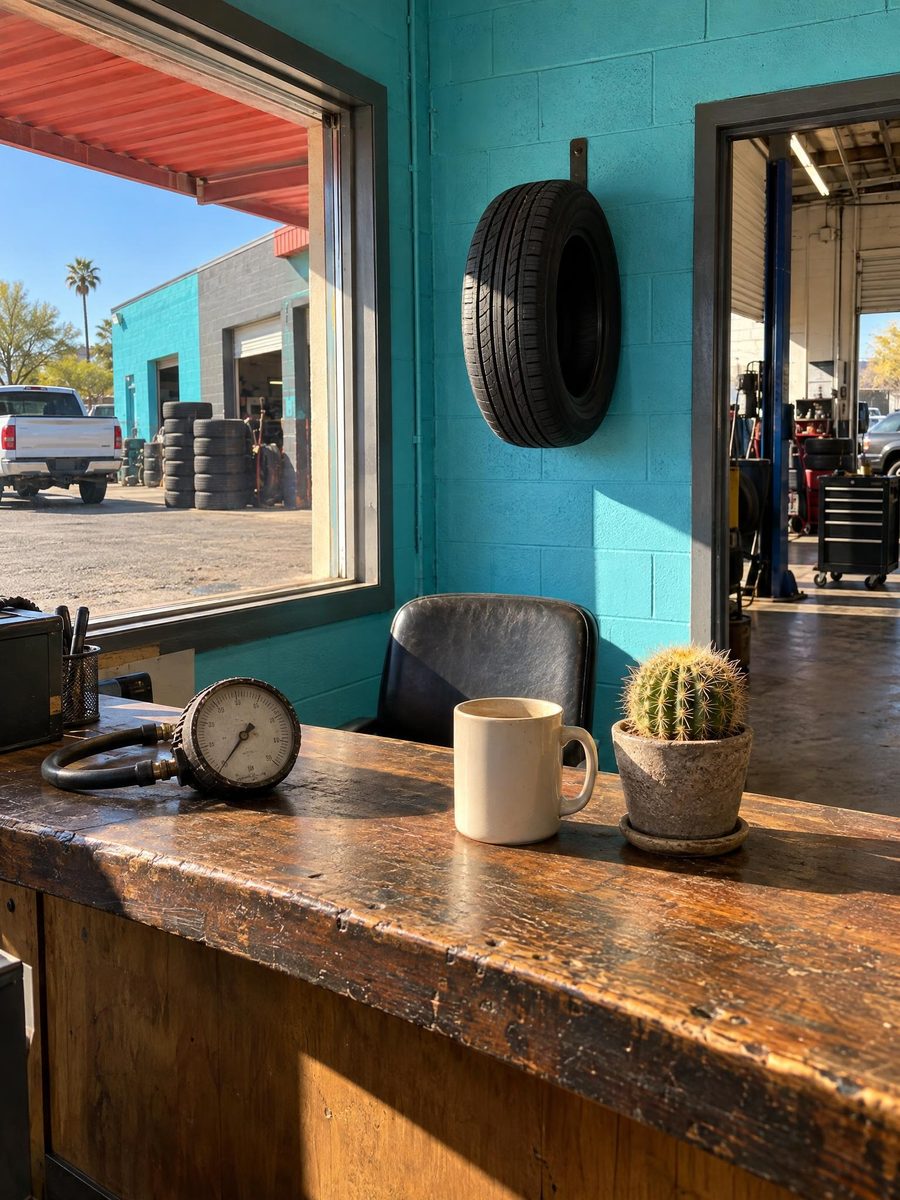 The front counter in the shop office