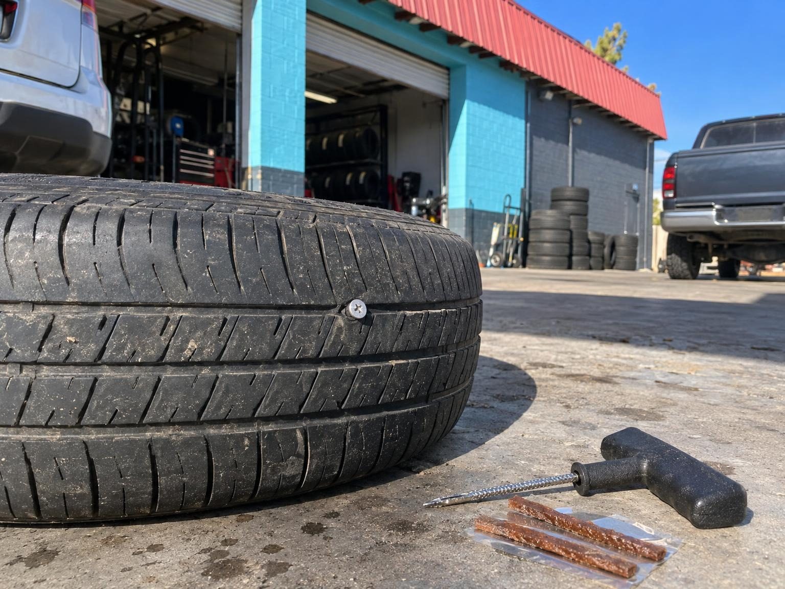 A screw in a tire tread next to a tire plug kit on the shop floor