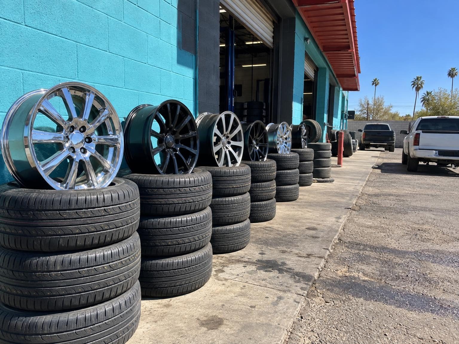 Stacks of tires and custom wheels against the turquoise wall