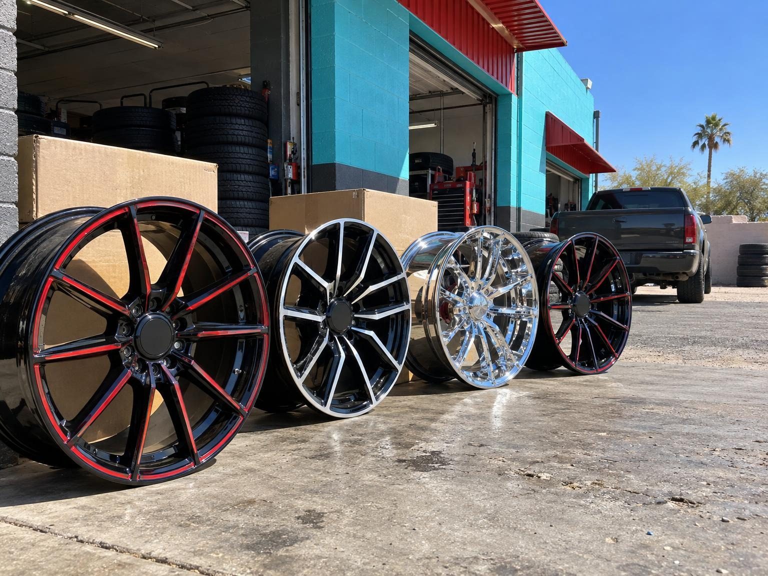 Black and red custom wheels lined up in the shop